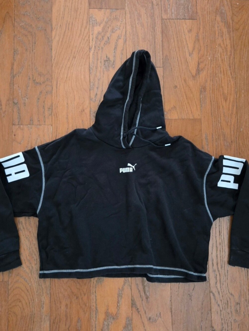 Womens Black Hooded Cropped Shirt with Puma Logo